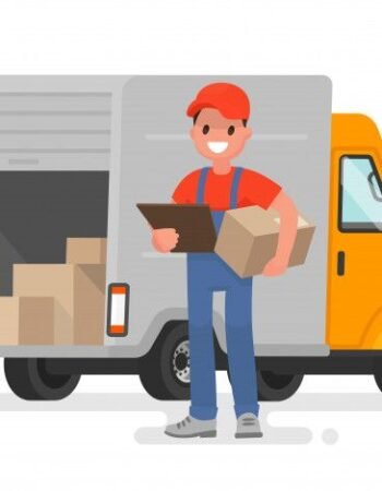 Correio com a encomenda no fundo da van de serviço de entrega _ Vetor Premium